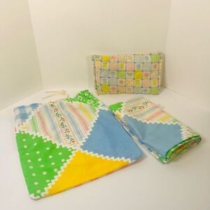 vintage handmade babydoll pillow and blanket with carrying bag  80’s quilt